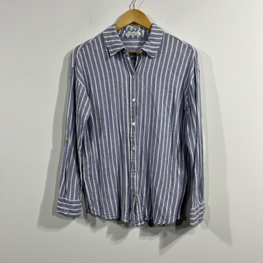 Becool Coastal Linen Blend Striped Button Down Shirt Nautical Womens‎ Small Boho